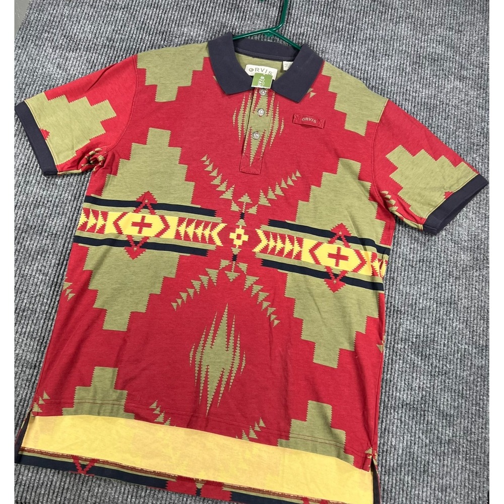 Vintage Orvis Polo Shirt Mens Large Red Aztec Southwestern Short Sleeve New